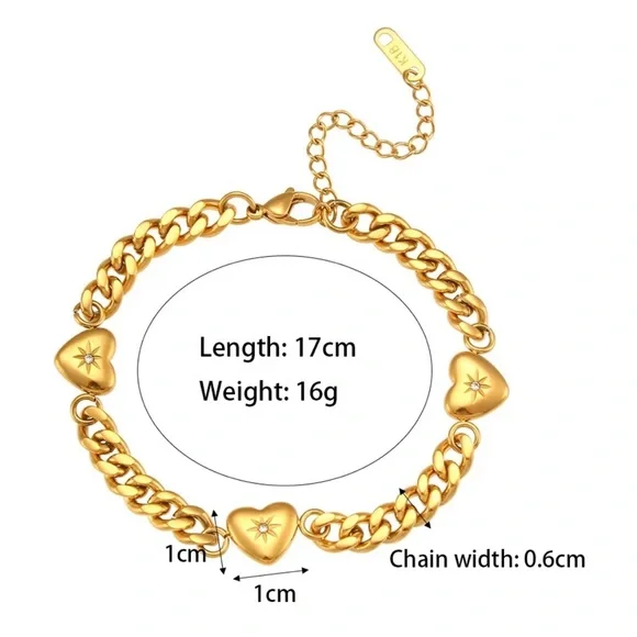 New 18K Gold Cuban Link Chain Heart Charm Bracelet - Picture 7 of 7